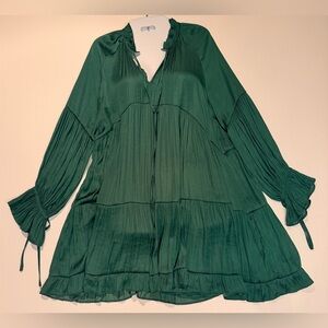 O.P.T. Dark Green Tiered Mini Dress - Boho Pleated Long Sleeve - NWT Size Small